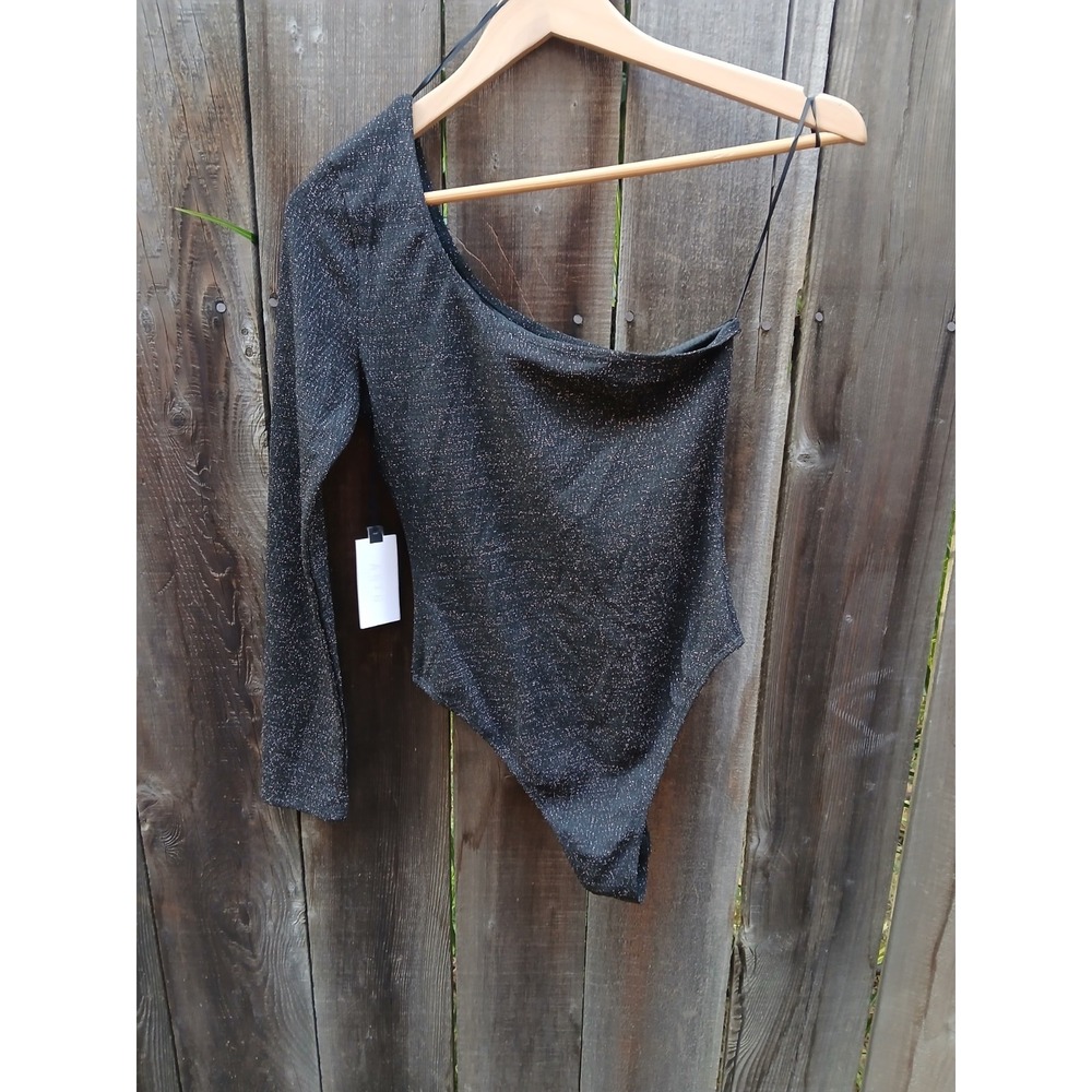 New ASTR THE LABEL - Alina Bodysuit in Black Asymmetrical Sparkle - XS
